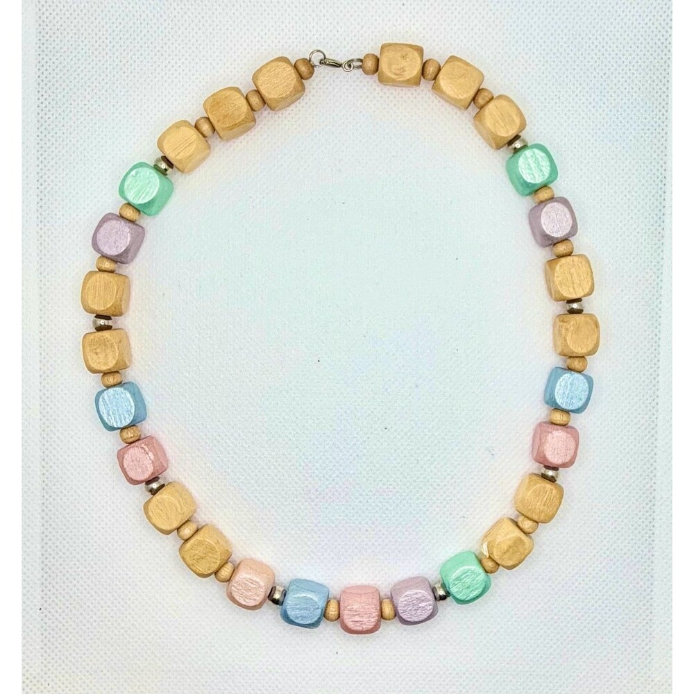 Vintage Pastel Rainbow Wooden Bead Statement Necklace